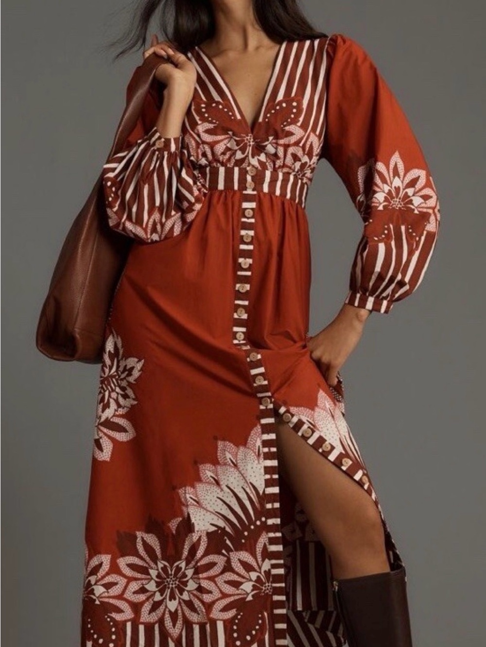 FARM Rio Rust Floral Button-Front Maxi Dress